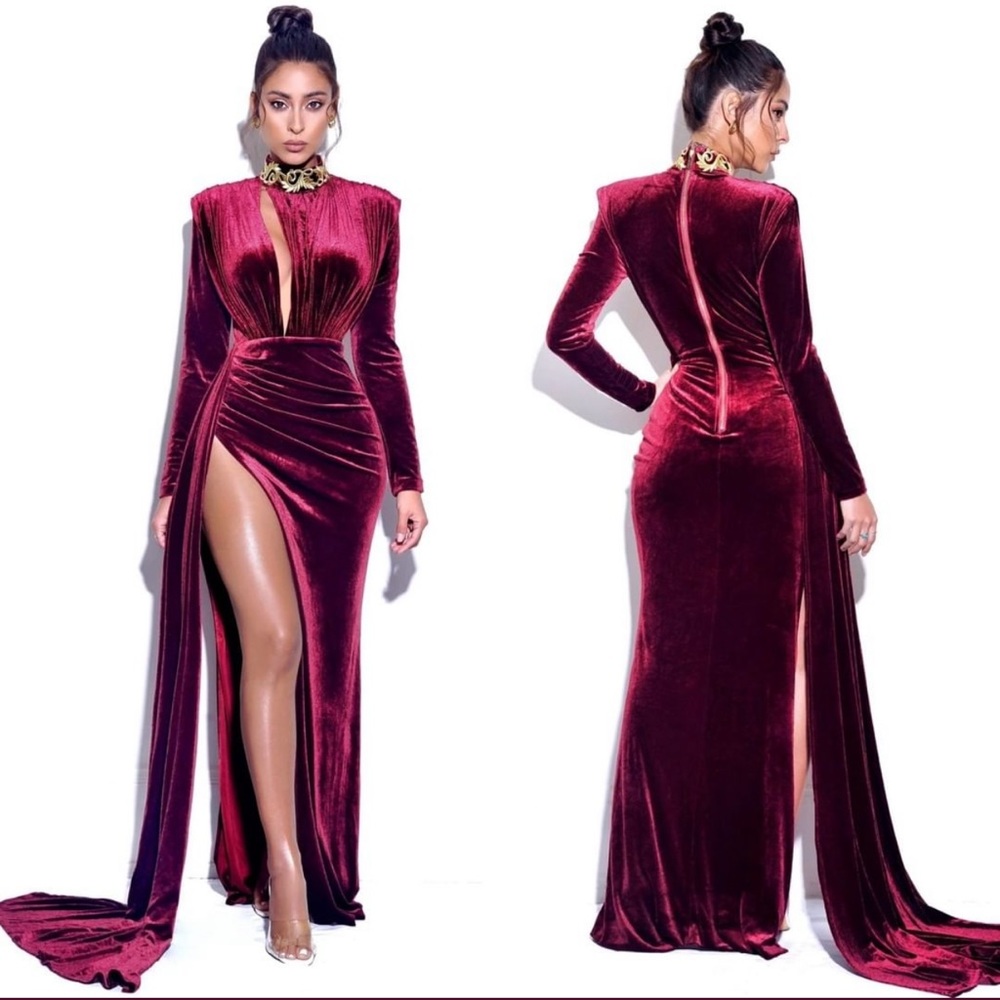 Elegant Asymmetrical Velvet Dress in Rich Burgundy